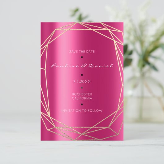 Save The Date Diamant Goud Fuchsia Zwart Monogram (Staand voorkant)