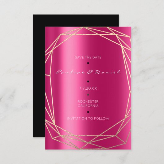 Save The Date Diamant Goud Fuchsia Zwart Monogram (Voorkant / Achterkant)