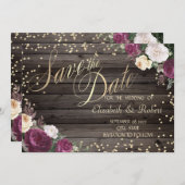 Save The Date Diamants d'or Fleurs Bourgogne Bois (Devant / Derrière)