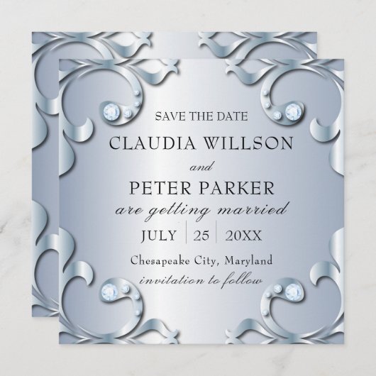 Save The Date Diamants en Platine Mariage classique élégant (Devant / Derrière)