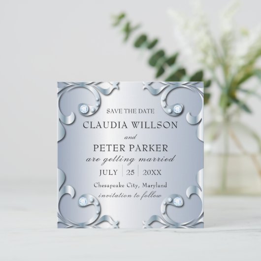 Save The Date Diamants en Platine Mariage classique élégant (Debout devant)