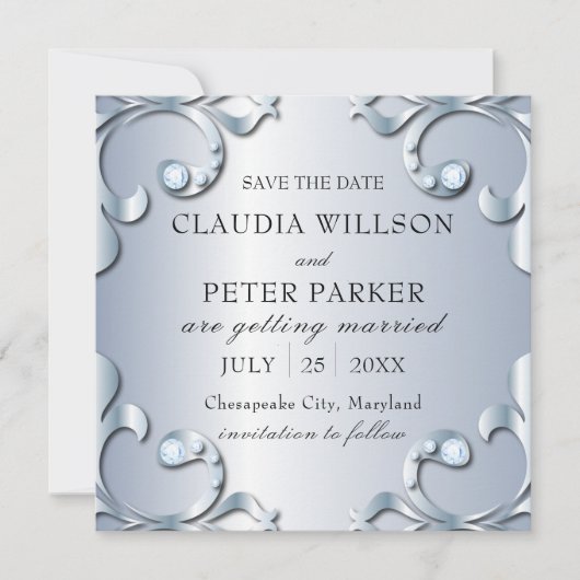 Save The Date Diamants en Platine Mariage classique élégant (Devant)