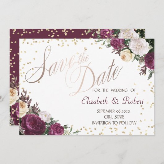 Save The Date Diamants Or Bourgogne Floral Enregistrer La Date (Devant / Derrière)