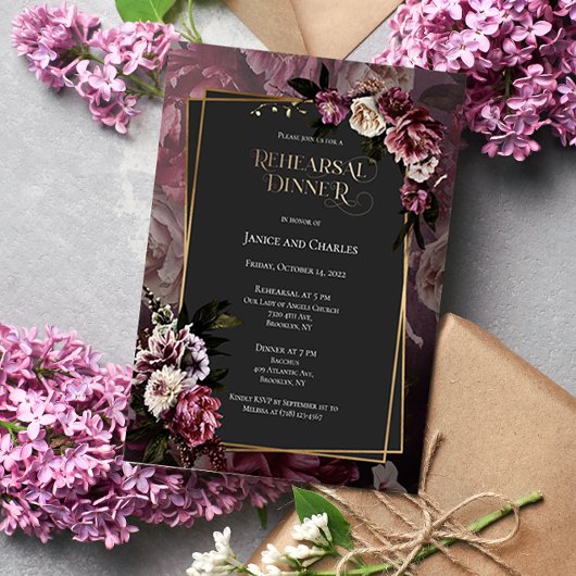 Save The Date Dîner de répétition florale sombre et humide Invit