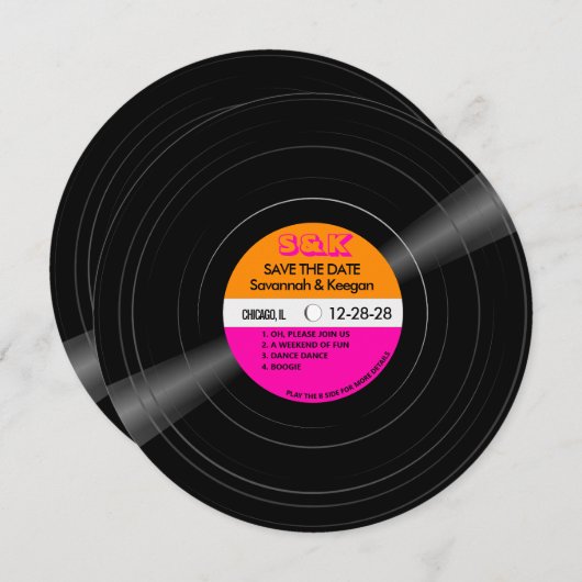 Save The Date Disco Vinyl Record Rose Orange Stripes Mariage (Devant / Derrière)