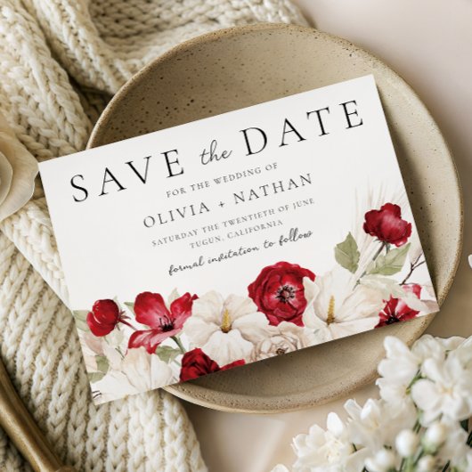 Save The Date Divine Bloom: White & Red Flowers Wedding
