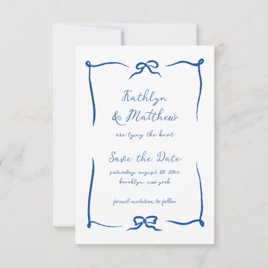 Save The Date Doodle à ruban à main bleu français moderne (Devant)