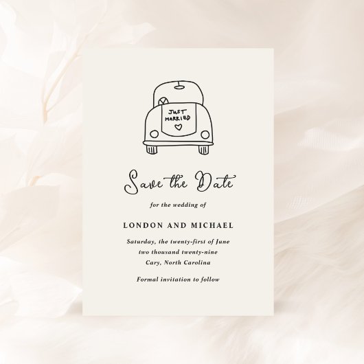 Save The Date Doodle de voiture tiré à la main Mariage moderne