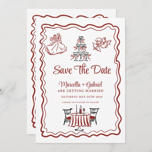 Save The Date Doodles Dessinés À La Main Mariage Italien Enregis (Devant / Derrière)