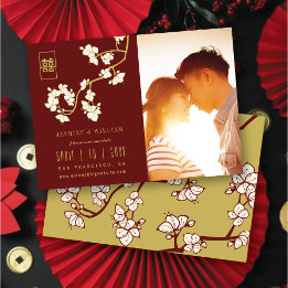 Save The Date Double Bonheur des fleurs de pêche Photo chinoise 