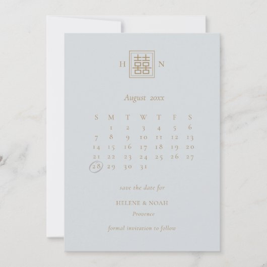 Save The Date Double Bonheur Dusty Blue & Gold Mariage chinois (Devant)