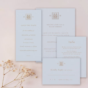 Save The Date Double Bonheur Dusty Blue & Gold Mariage chinois