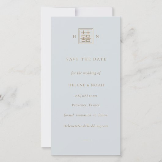 Save The Date Double Bonheur Dusty Blue & Gold Mariage chinois (Devant)