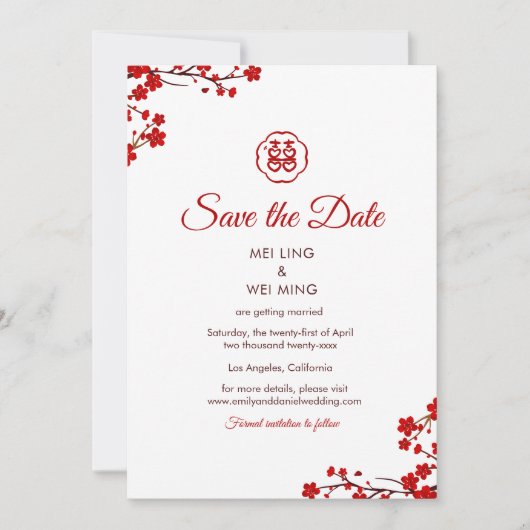 Save The Date Double Bonheur Elégant Mariage chinois (Devant)