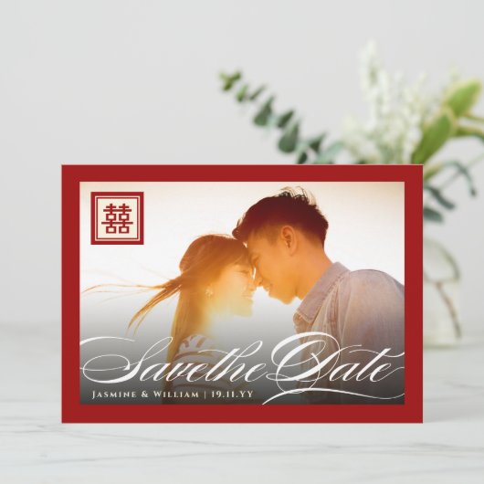Save The Date Double Happiness Classic Script Photo Chinois (Debout devant)