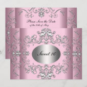 Save The Date Douce 16 Rose Argent Élégant (Devant / Derrière)