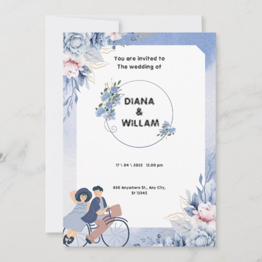 Save The Date Douce Mariage Illustratif Bleu et Blanc (Devant)