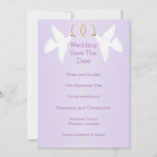 Save The Date Doves Design Mariage couleur Lilac (Devant)