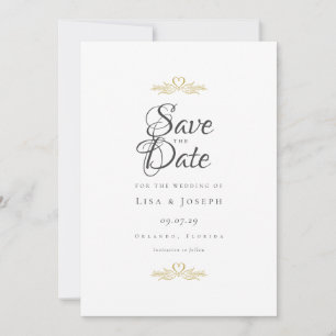 Save The Date Doves d'or et Script élégant du coeur