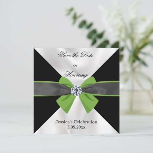Save The Date Draperie classique noir et blanc avec Bow vert (Debout devant)