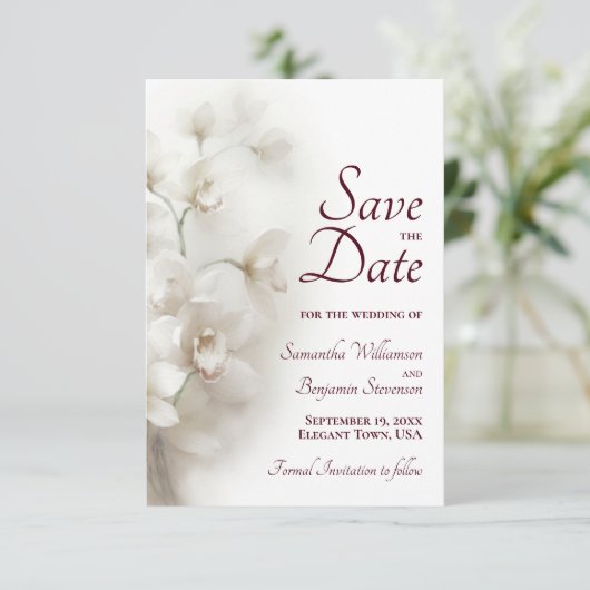 Save The Date Dreamy White Orchids Burgundy Text Mariage (Debout devant)