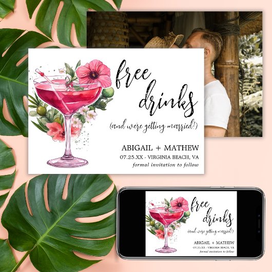 Save The Date Drôle Cocktail rose Mariage photo moderne tendance