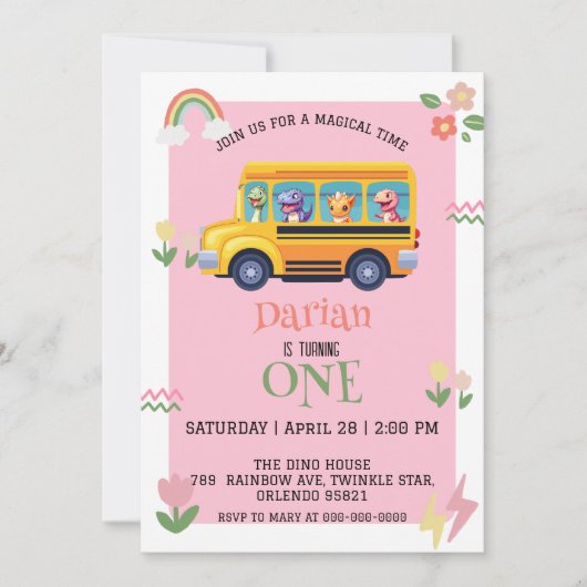 Save The Date Drôle dinosaure Retour À L'École Bus filles Annive (Devant)