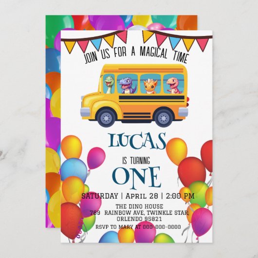 Save The Date Drôle dinosaure Retour à l'école Bus garçon Annive (Devant / Derrière)