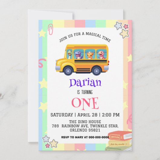 Save The Date Drôle dinosaure Retour À L'École Bus Rainbow Anniv (Devant)