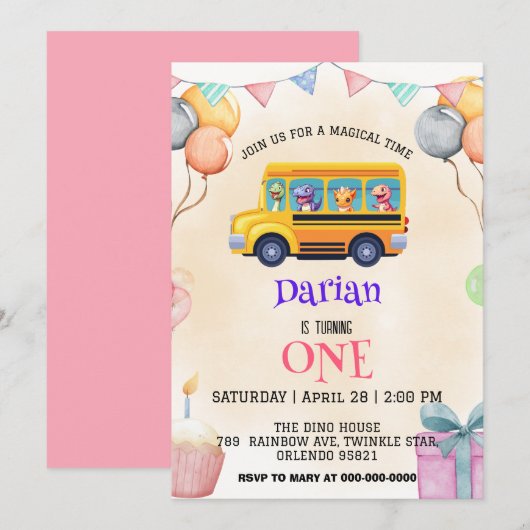 Save The Date Drôle dinosaure Retour à l'école Gâteau de bus Ann (Devant / Derrière)