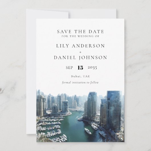 Save The Date Dubai Skyline Aquarelle Élégant Mariage (Devant)