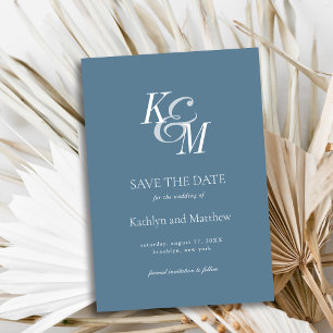 Save The Date Dusty Bleu élégant Mariage classique Monogramme