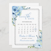 Save The Date Dusty bleu floral argent calendrier parties scinti (Devant / Derrière)
