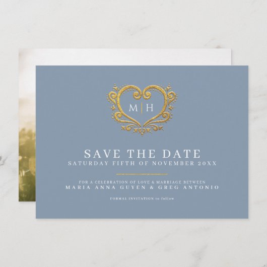 Save The Date Dusty bleu gris or coeur photo mariage (Devant / Derrière)
