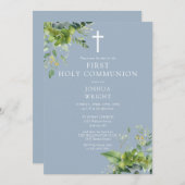 Save The Date Dusty Bleu Vert Monogramme Première Communion Sain (Devant / Derrière)