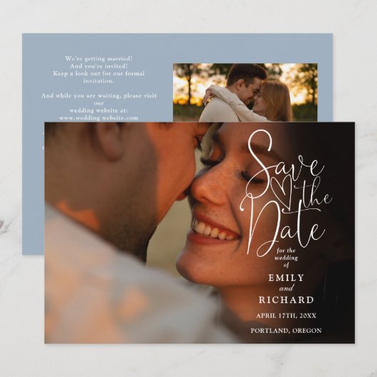 Save The Date Dusty Blue 2 Photo Élégant Script Code QR de maria (Devant / Derrière)