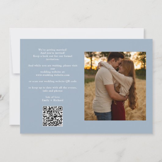 Save The Date Dusty Blue 2 Photo Elegant Script Mariage QR Code (Dos)
