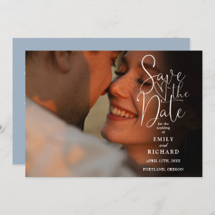 Save The Date Dusty Blue 2 Photo Elegant Script Mariage QR Code