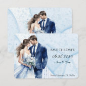 Save The Date Dusty Blue Alcohol Ink Bride & Groom (Devant / Derrière)