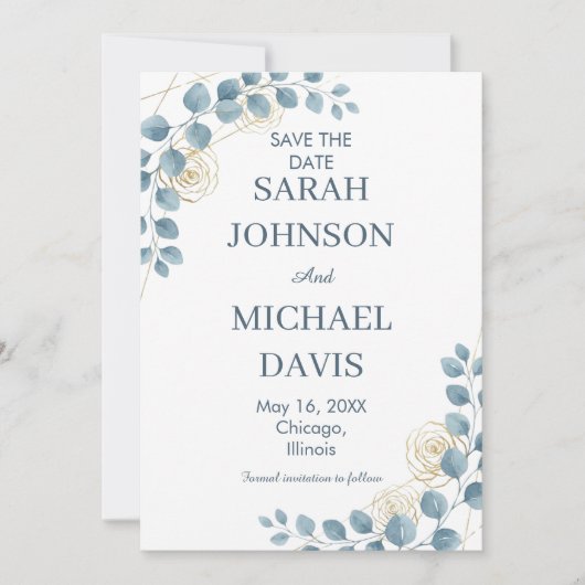 Save The Date Dusty Blue And Gold Floral Wedding (Devant)