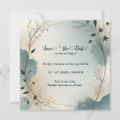 Save The Date Dusty Blue Beige Boho Chic foliage wreath Wedding (Devant)