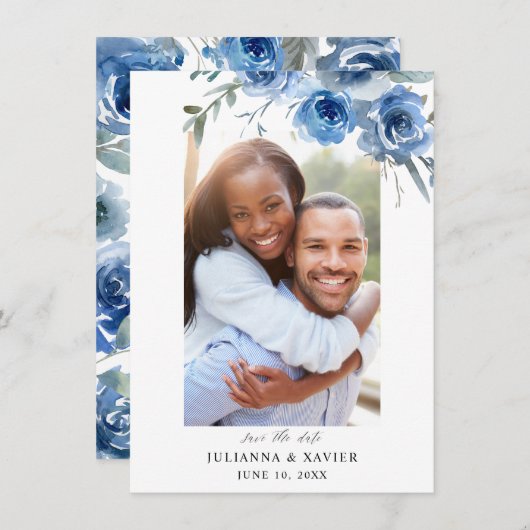 Save The Date Dusty Blue & Blue Floral Enregistrer La Date Photo (Devant / Derrière)