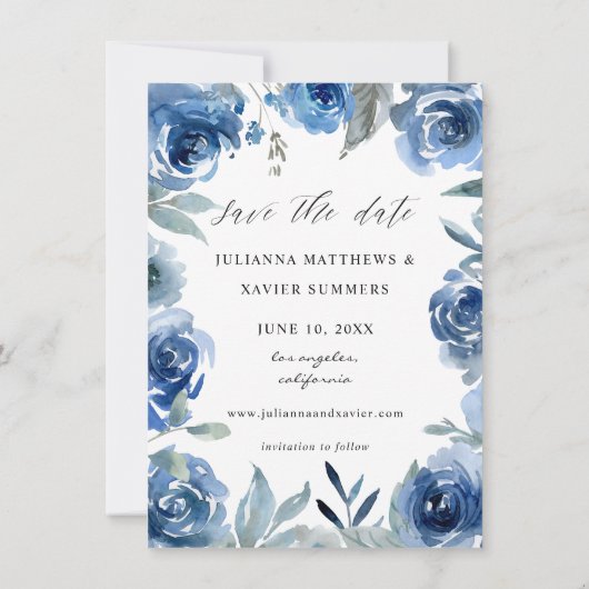 Save The Date Dusty Blue & Blue Floral Enregistrer La Date Photo (Dos)