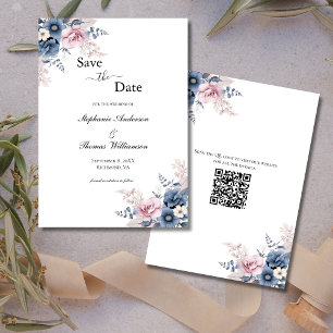 Save The Date Dusty Blue Blush rose floral élégant code QR