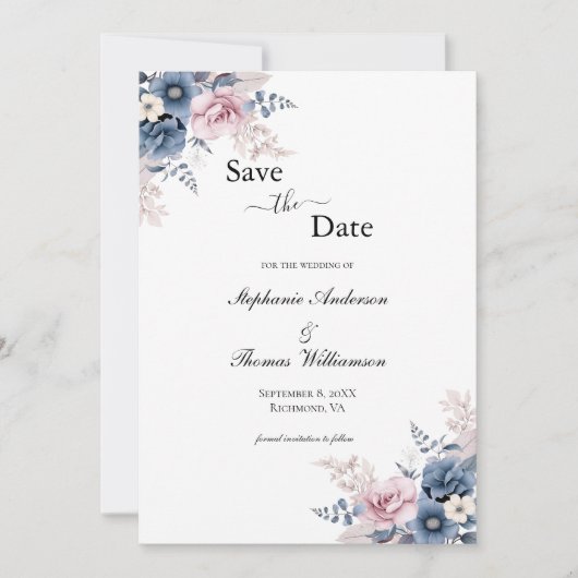 Save The Date Dusty Blue Blush rose floral élégant code QR (Devant)
