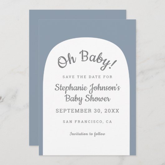 Save The Date Dusty Blue Bohemian Arch Oh Baby Baby shower (Devant / Derrière)
