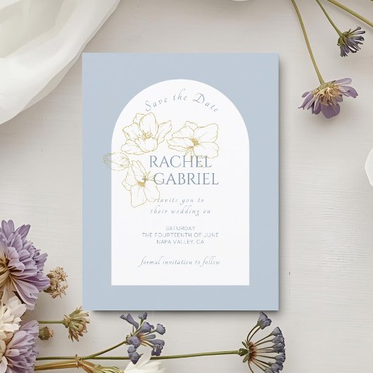 Save The Date Dusty Blue | Boho Arch Gold Floral Mariage