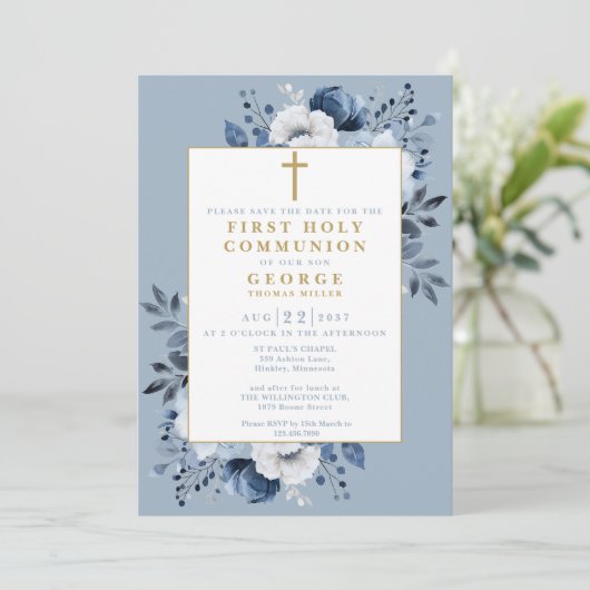 Save The Date Dusty Blue Boho Floral First Holy Communion (Debout devant)