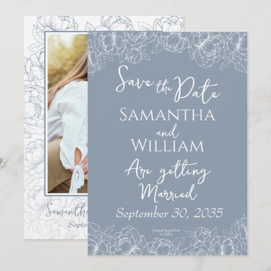 Save The Date Dusty Blue Boho Floral Mariage moderne (Devant / Derrière)