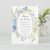 Save The Date Dusty Blue Boho Rose Verdure Or Frame (Debout devant)